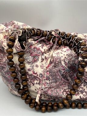 Amici bohemianPaisley Drawstring Shoulder Bag with Wooden Bead Strap